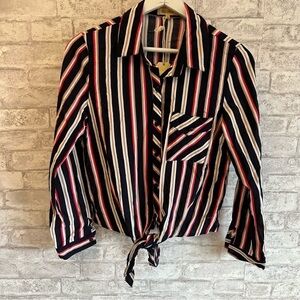 Love Notes striped‎ tie-front blouse women’s large navy red tan NWT
